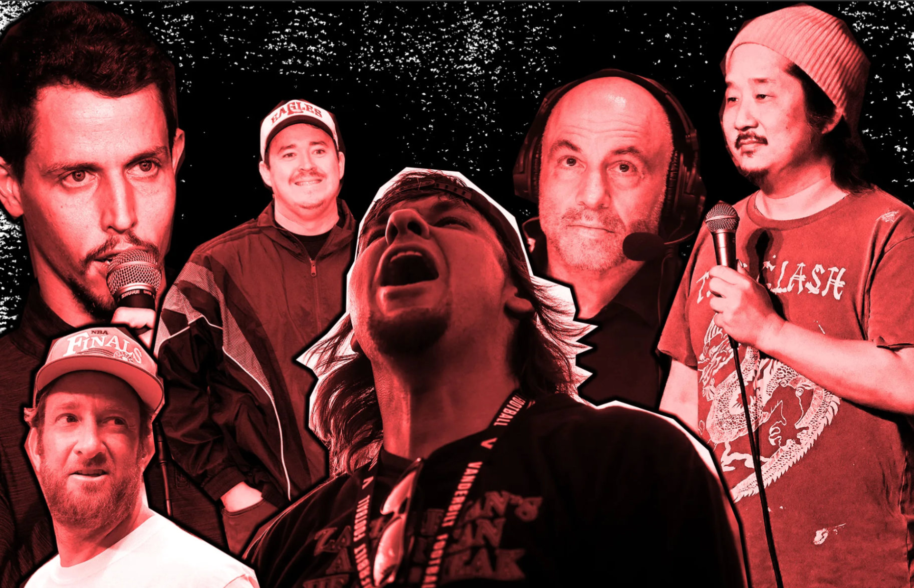 Red-toned collage of podcast and comedy personalities