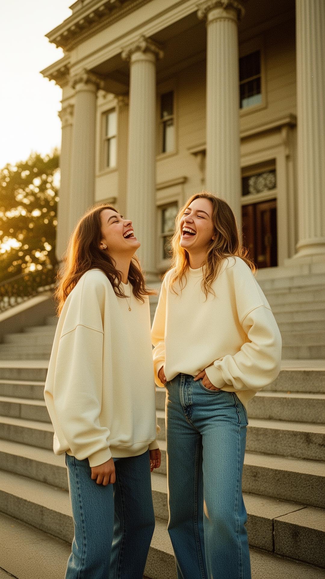 Two friends laughing on the steps of a classical American building