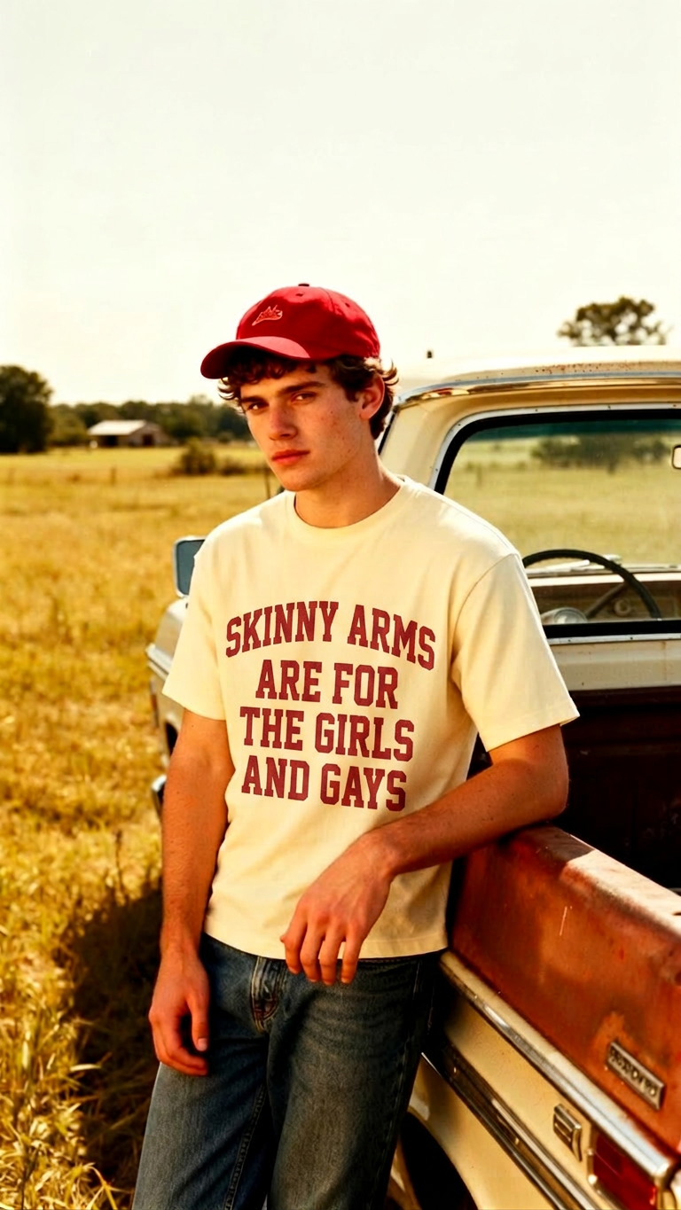 Man in a red cap leaning on a vintage pickup truck